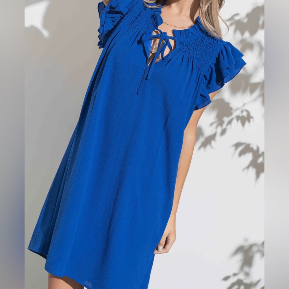 Blue Smocked Neck Ruffle Sleeve Dress